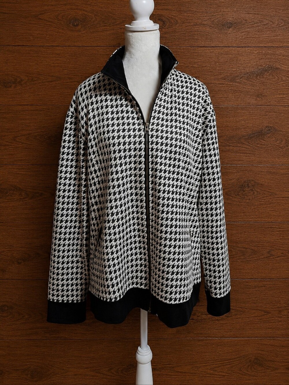 Chico's Travelers Black & White Houndstooth Zip Front Blazer Jacket Women Size 3 - Picture 3 of 16